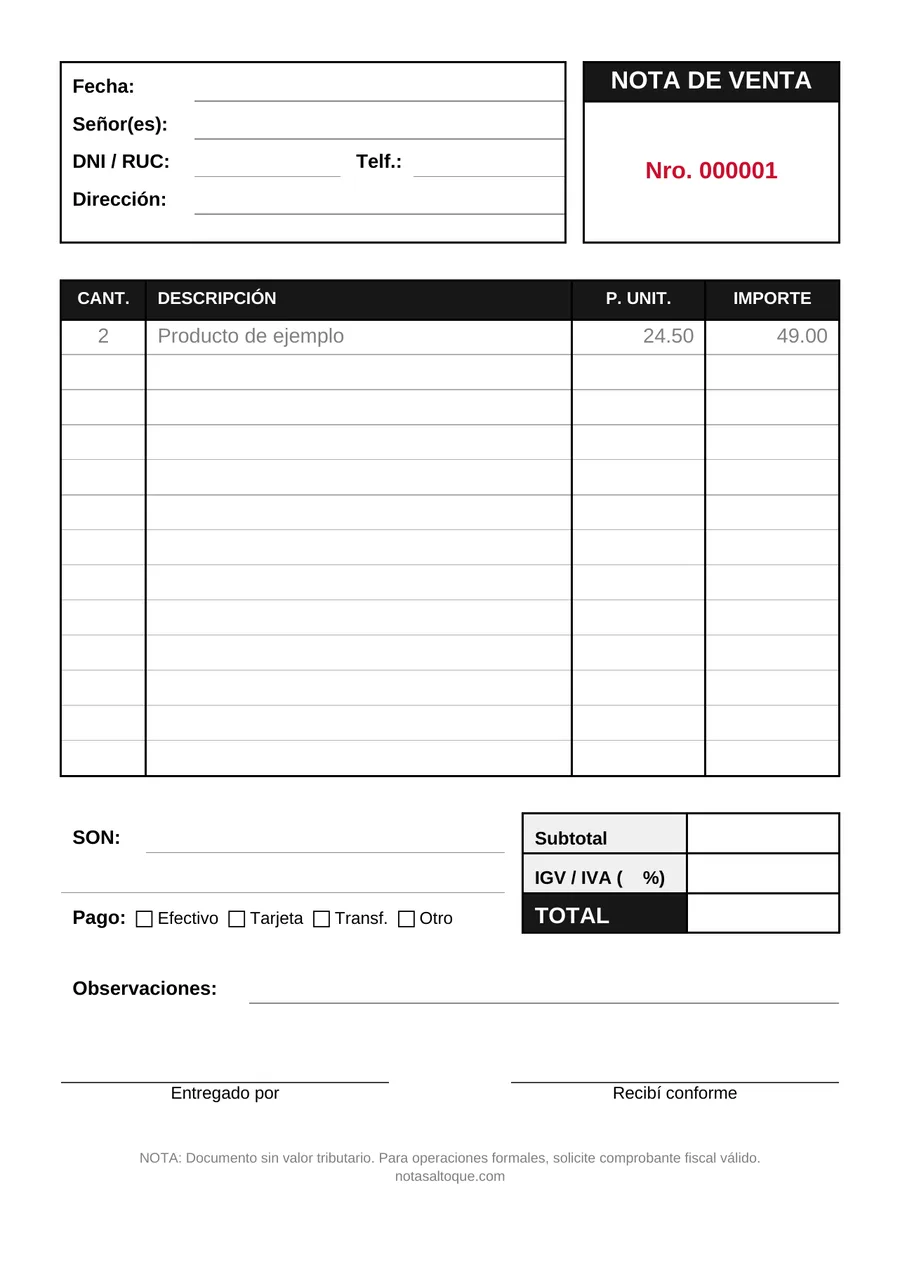 Nota de venta simple y completa en Word editable, media hoja