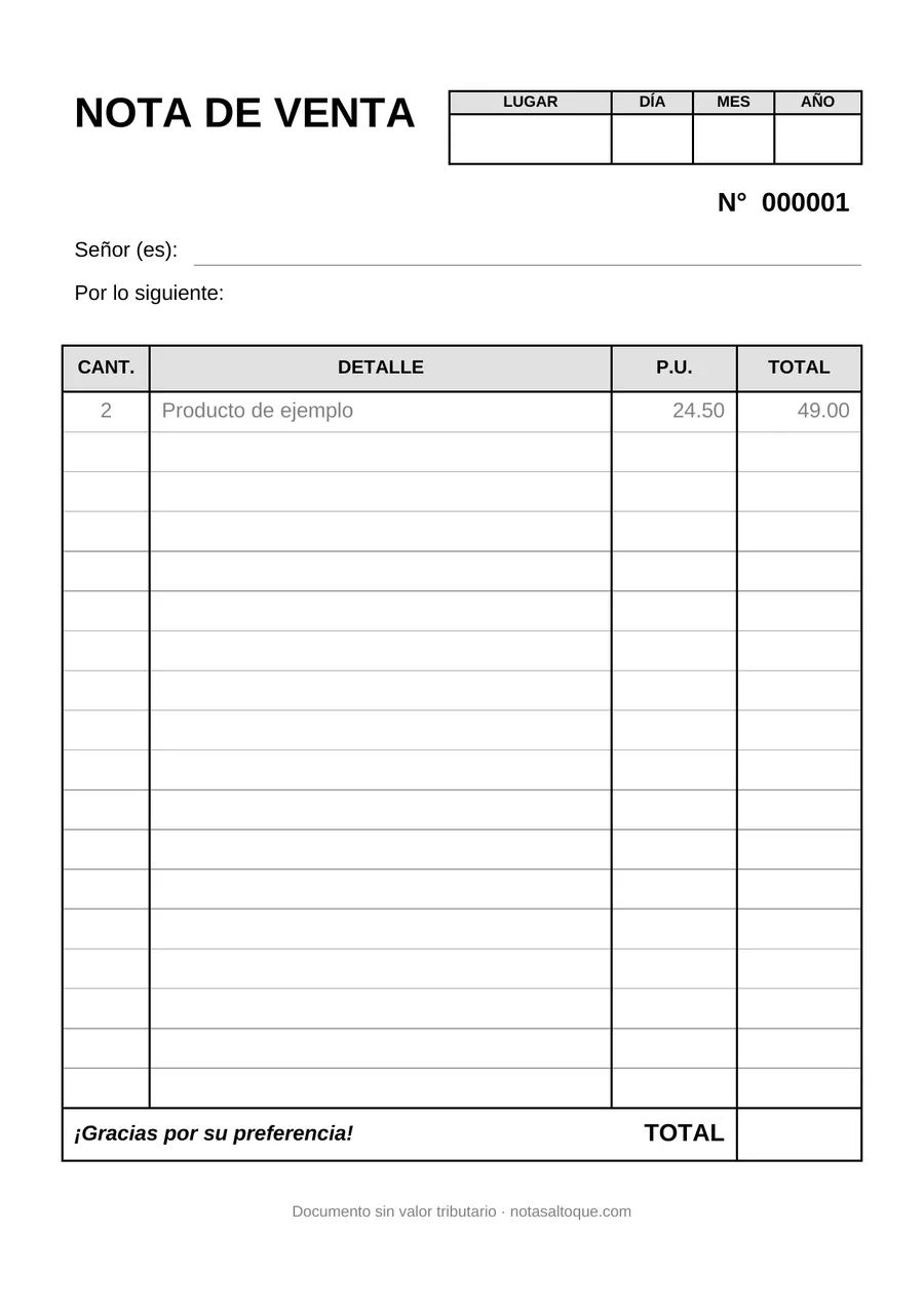 Nota de venta simple en Word editable, media hoja