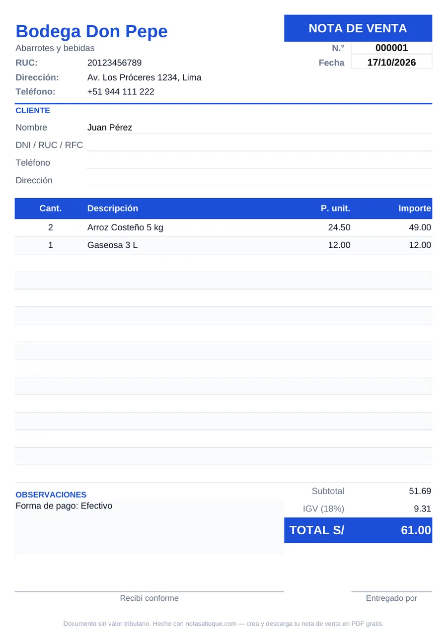Formato de nota de venta A4 en Excel con productos, subtotal, IGV y total