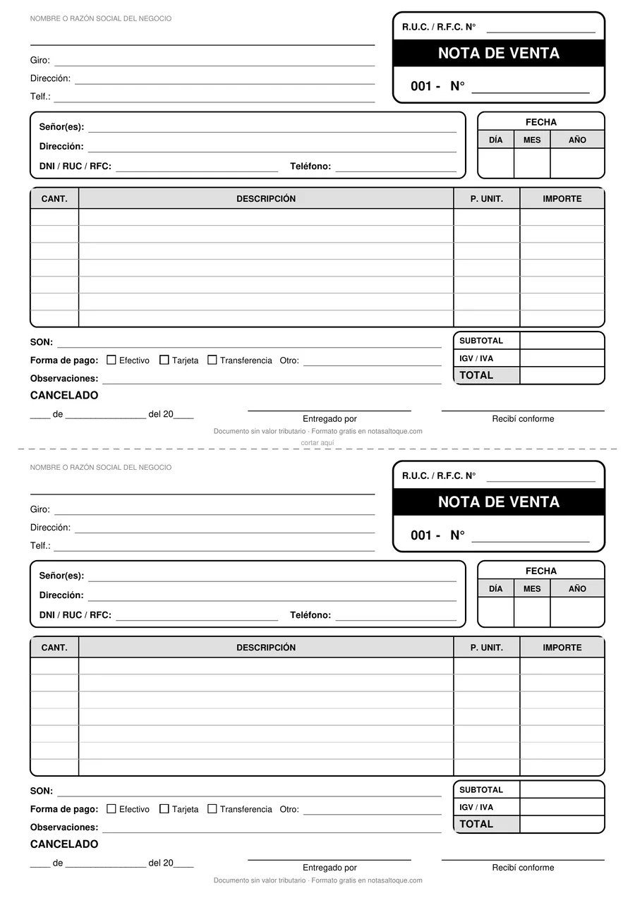 Nota de venta para imprimir en PDF, dos por hoja tipo talonario