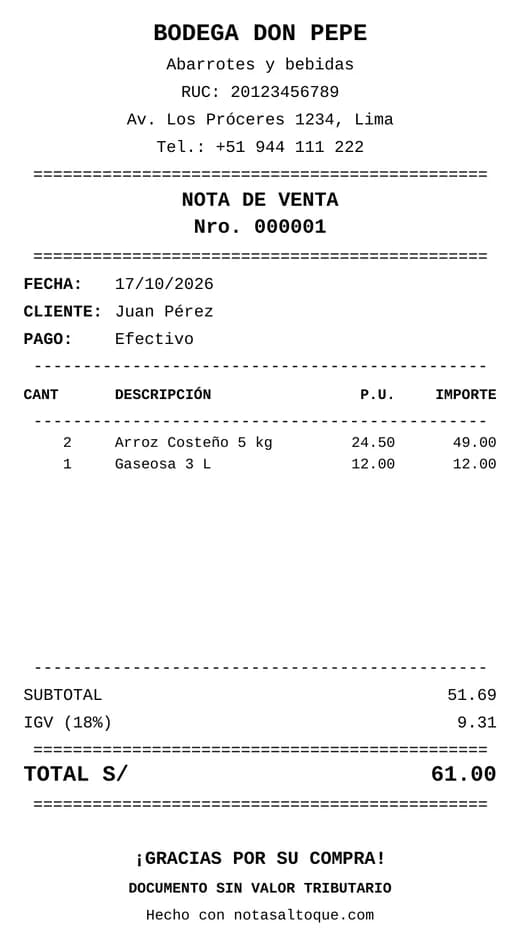 Nota de venta en formato ticket de 80 mm para ticketera